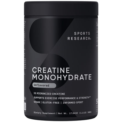 Sports Research Creatine Monohydrate - Gain Lean Muscle, Improve Performance and Strength and Support Workout Recovery - 5 g Micronized Creatine - 1.1LBS