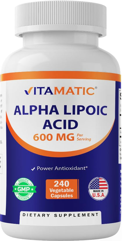 Vitamatic Alpha Lipoic Acid (ALA) 600mg Per Serving - 240 Vegetable Capsules - 120 Servings - Non-GMO & Gluten Free