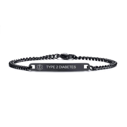 VNOX TYPE 2 DIABETES Stamped Medical Symbol Minimal 4MM Black Stainless Steel Thin Bracelet for Women,7.5