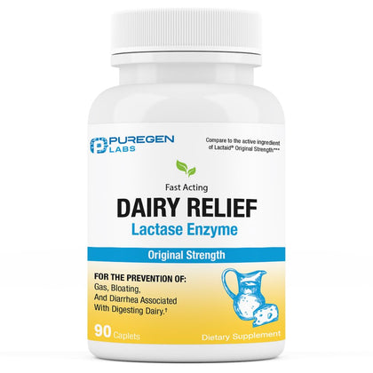 Puregen Labs Dairy Relief Natural Fast Acting Lactase Enzyme 3000 FCC, Lactose Intolerance Pills 90 Caplets