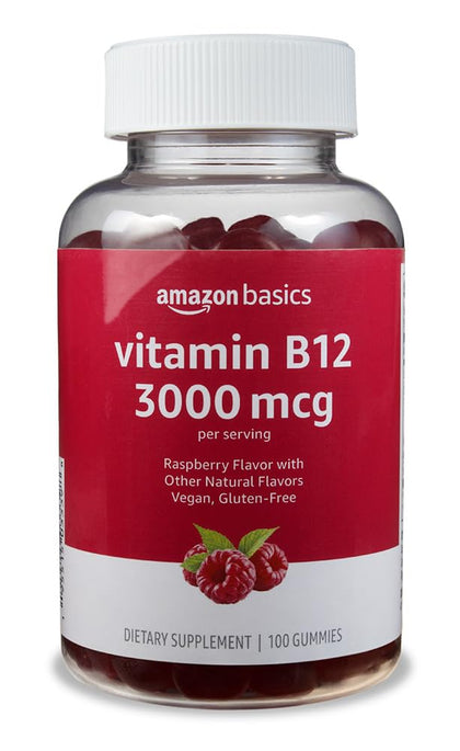 Amazon Basics Vitamin B12 3000 mcg Gummies, Normal Energy Production and Metabolism, Immune System Support, Raspberry, 100 Count (2 per serving) (Previously Solimo)