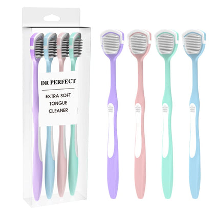 DR PERFECT Soft Tongue Brush Scraper Cleaner Helps Fight Bad Breath Clean Your Tongue Without Hurt Pack Of 4 (GREEN PURPLE BLUE PINK)