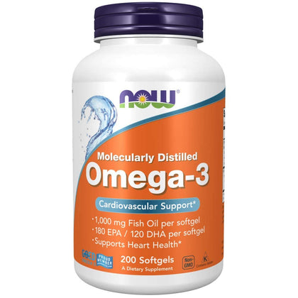 NOW Foods Supplements, Omega-3 180 EPA / 120 DHA, Molecularly Distilled, Cardiovascular Support*, 200 Softgels