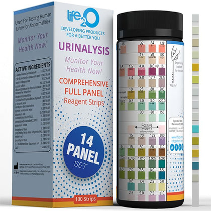 life2O 14-Panel Urine Test Strips for Urinalysis 100ct, Testing Kit for UTI, Keto, Ketosis, Protein, Specific Gravity, pH, Ketone, Bilirubin, Calcium, Vitamin C, Zinc, & More