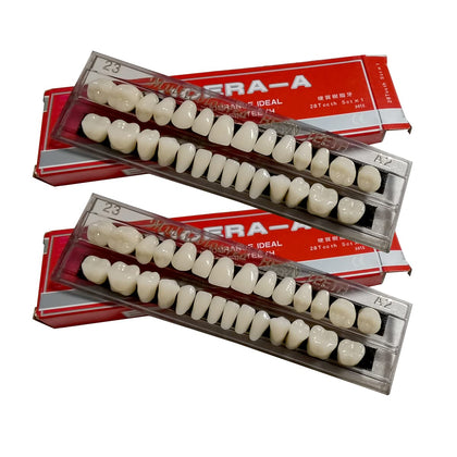 56 Pcs False Teeth Dental Complete Acrylic Resin Denture Teeth, 2 Set Whole Teeth Synthetic Polymer Denture Tooth, 23 Shade A2 Upper + Lower Dental Materials for Replacement, DIY, or Halloween