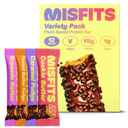 Misfits Vegan Protein Bars - Updated Recipe | Plant Based, Low Sugar & Carb, High Fiber Snacks | Variety Pack of 12 (4 Flavors)