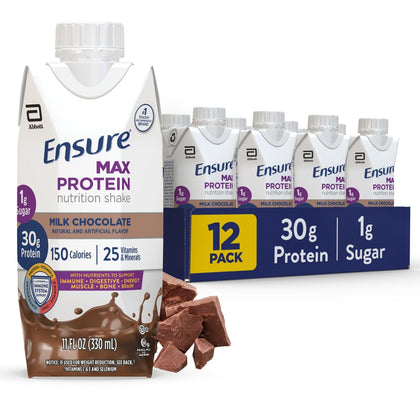 Ensure Max Protein Milk Chocolate Shake | Ready to Drink | 30g Protein for Muscle Building | 1g Sugar, 4g Fiber | 11 fl oz - 12 Pack