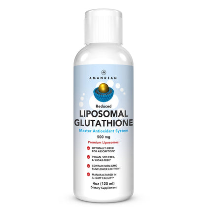 AMANDEAN Liposomal Glutathione Supplement. Liquid Reduced Setria 500mg. Immune Support, Brain Health, Liver Detox, Skin Health. Phosphatidylcholine from Non-GMO Sunflower Lecithin. Soy-Free & Vegan.