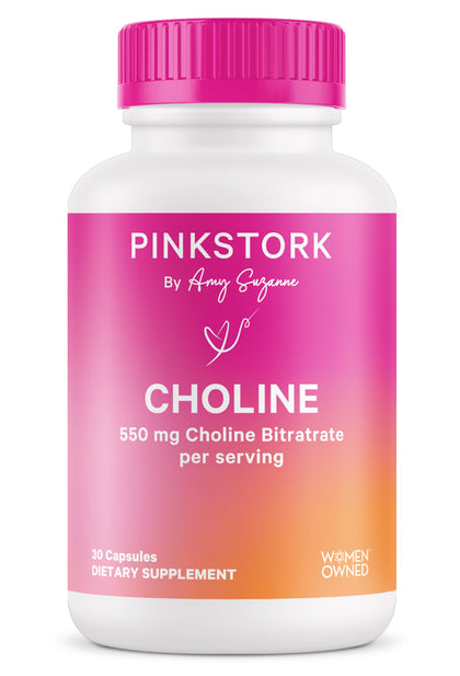 Pink Stork Choline - 550 mg Choline Bitartrate from VitaCholine for Pregnant + Postpartum Moms - Prenatal Vitamin for Fetal Cognitive Health + Breast Milk Quality - 1 Capsule Daily, 30 Count