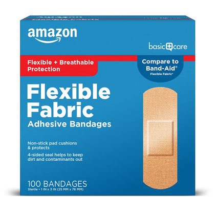 Amazon Basic Care Flexible Fabric Adhesive Bandages, First Aid and Wound Care Supplies, All-One Size, 100 Count