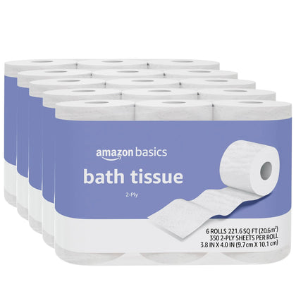 Amazon Basics 2-Ply Toilet Paper, 30 Rolls = 120 Regular Rolls, 350 Sheets, (Pack of 30), Unscented