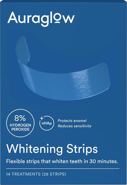 Auraglow Teeth Whitening Strips, Sensitive Whitening Strips, 14 Whitening Treatments, 8% Hydrogen Peroxide with Nano Hydroxyapatite (nHAp) to Reduce Sensitivity and Protect Enamel, 28 Strips, Mint