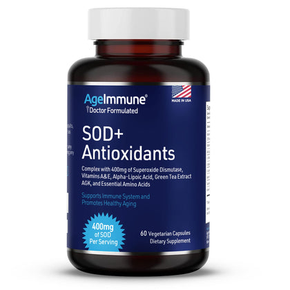 SOD Antioxidants Complex Healthy Aging Supplement - 400mg of Superoxide Dismutase - Alpha Lipoic Acid - L-Arginine -Lysine - AKG - Vitamin A - Vitamin E for Immune Support-60 Capsules