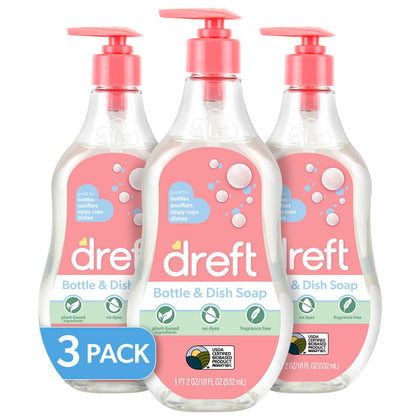 DREFT Bottle and Dish Soap | Made to Clean Baby Bottles, Sippy Cups, Pacifiers, Breast Pumps, & More | Gently Removes Milk Film & Odors | Plant Based, Fragrance Free Dish Soap | 18 Fl Oz (Pack of 3)