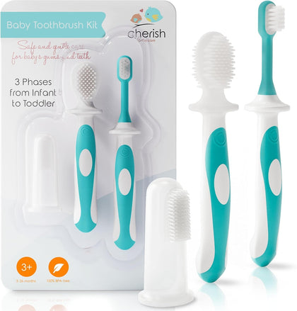 Cherish Baby Care Award-Winning Baby Toothbrush Set (3-24 Months) - Baby Finger Toothbrush, Training Toothbrush & Toddler Toothbrush - BPA-Free Infant Toothbrush Set, Baby First Toothbrush Set (Teal)