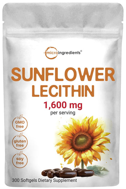 Micro Ingredients Sunflower Lecithin 1,600mg Per Serving, 300 Softgels | Sustainably Farmed Source, Cold Pressed, Rich in Phosphatidyl Choline | Lactation Supplement | Soy Free, Non-GMO