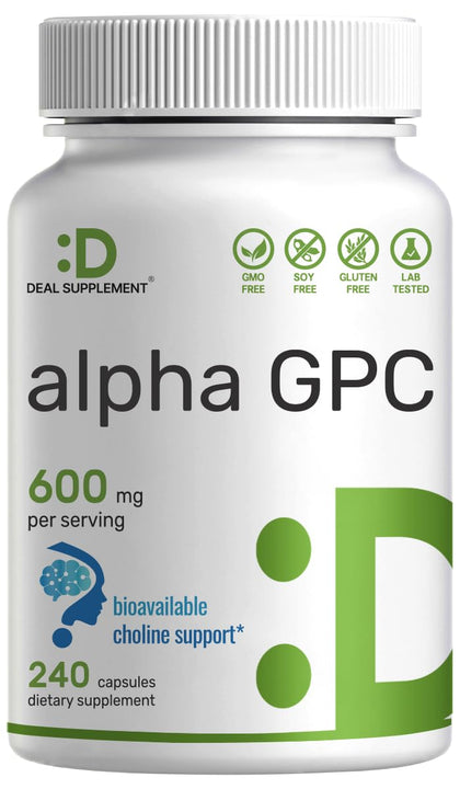 DEAL SUPPLEMENT Alpha GPC 600mg Per Serving, 240 Capsules - Bioavailable Choline Replenishment -Nootropic Brain Health Supplements for Memory and Focus - Non-GMO, Gluten Free