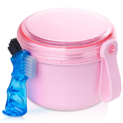 Denture Case, Leak Proof Denture Bath Cup for Travel, Denture Container Cups for Soaking Full & Partial Dentures, Retainers, Denture Cleaning Kit Holder Box with Denture Cleaner Brush-Pink