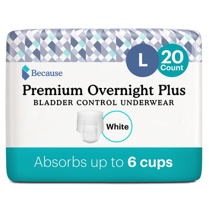 Because Overnight Absorbency Pull Ups - Adult Disposable Incontinence Underwear, Extra Absorbent Nighttime Pull Ups for Men and Women, White, Large, 20 Count