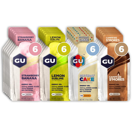 GU Energy Original Sports Nutrition Energy Gels, 24-Count, Vegan, Gluten-Free, Kosher, and Dairy-Free On-the-Go Energy for Any Workout, Assorted Caffeine-Free Flavors Variety Pack