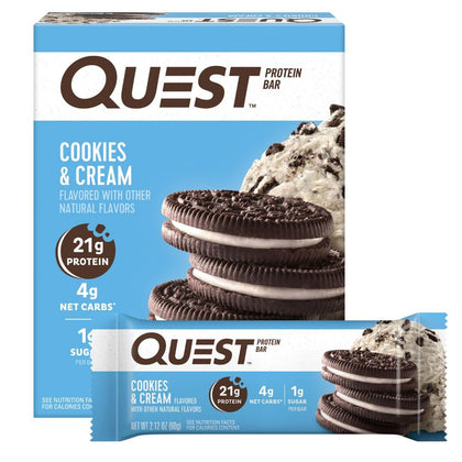 Quest Nutrition Cookies & Cream Protein Bars, 21g Protein, 4g Net Carbs, 1g Sugar, Gluten Free, Keto Friendly, 4 Count