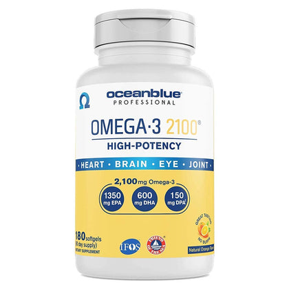 Oceanblue Professional Omega-3 2100 - 180 ct - Triple Strength Burpless Fish Oil Supplement with High-Potency EPA, DHA, DPA - Wild-Caught - Orange Flavor (90 Servings)