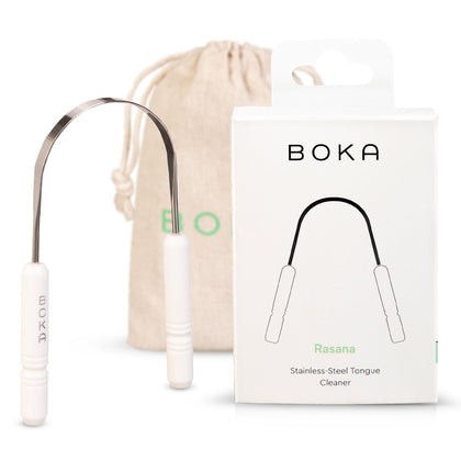 Boka Tongue Scraper for Adults & Kids with Case - Stainless Steel Tongue Cleaner w/Linen Travel Pouch - Scrubber to Remove Tongue Buildup and Freshen Breath (Pack of 1)