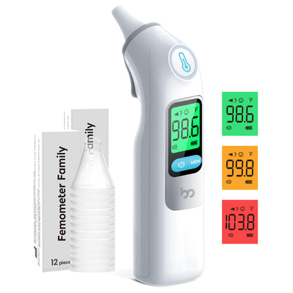 Femometer Family Ear Thermometer, Highly Accurate Ear Thermometer for Kids, Adults and Babies, 30 Memory Recall, 1s Result and 3-Color Fever Alert, with 24 Disposable Probe Covers, White