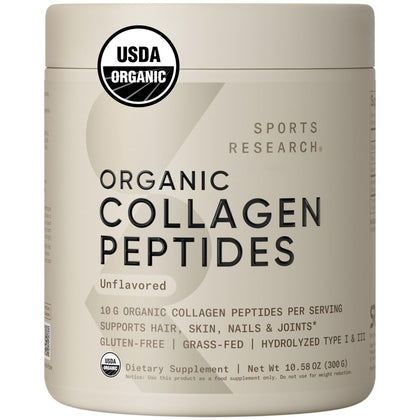 Sports Research® Organic Collagen Peptides - Hydrolyzed Type I & III Collagen Protein Powder Made Sustainably from Grass-Fed Cows - Unflavored - 30 Servings