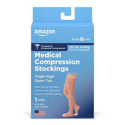 Amazon Basic Care Medical Compression Stockings, 20-30 mmHg Support, Women & Men Thigh Length Hose, Open Toe, Beige, Medium (Previously NuVein)