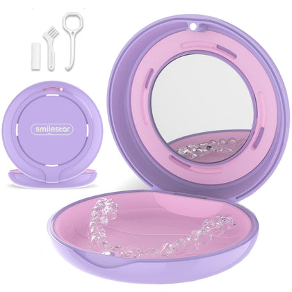 Retainer Case with Mirror and Adjustable Vent Holes, Cute Slim Aligner Case Compatible with Invisalign, Night Mouth Guard Case, Retainer Holder with Retainer Remover Tool, Chew & Brush, Purple