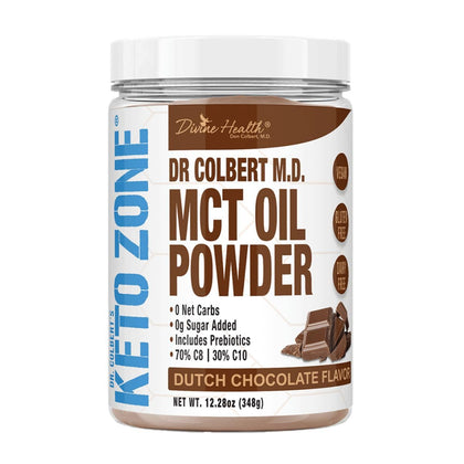 Divine Health Dr. Colbert's Keto Zone MCT Oil Powder | Dutch Chocolate Flavor | 70% C8 | 30% C10 | All Natural Keto Approved for Ketosis | 0 Net Carbs | Gluten Free | 30 Day Supply | 348g |