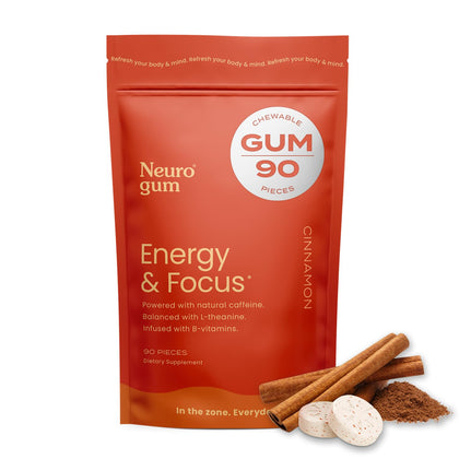 NeuroGum Energy Caffeine Gum (90 Pieces) - Sugar Free with L-theanine + Natural Caffeine + Vitamin B12 & B6 - Nootropic Energy & Focus Supplement for Women & Men - Keto & Vegan, Cinnamon Flavor