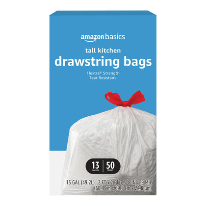 Amazon Basics Flextra Tall Kitchen Drawstring Trash Bags, 13 Gallon, Unscented, 50 Count, Pack of 1