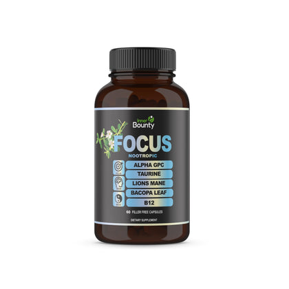 Inner Bounty Focus 14-in-1 Nootropic Brain Supplement with Lions Mane, Alpha GPC Choline, Vitamin C & B12, Taurine, Bacopa - Energy, Cognitive, Memory Support, 60 Filler Free Capsules