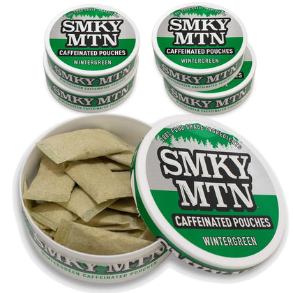 Smokey Mountain Caffeinated Pouches - Wintergreen - Tobacco Free and Nicotine Free - 5 Can Box - 15 Pouches Per Can