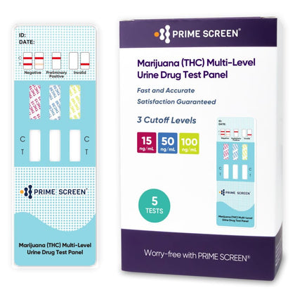 Prime Screen Marijuana (THC) Multi Panel Urine Test Kit. Highly Sensitive THC 3 Level Drug Test Kit- Multi Level Detecting Any Form of THC Cannabis Test at 15 ng/mL, 50 ng/mL, and 100 ng/mL - [5 Pack]