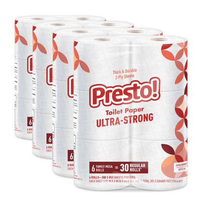 Amazon Brand - Presto! 2-Ply Ultra-Strong Toilet Paper, 24 Mega Rolls = 120 Regular Rolls, 6 Count (Pack of 4), Unscented, (Packaging May Vary)