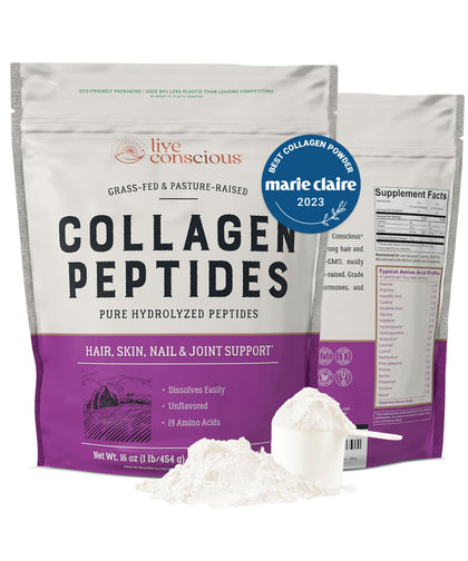 Live Conscious Collagen Peptides Powder - Naturally-Sourced Hydrolyzed Collagen Powder - Hair, Skin, Nail, and Joint Support - Type I & III Grass-Fed Collagen Supplements for Women and Men - 16oz