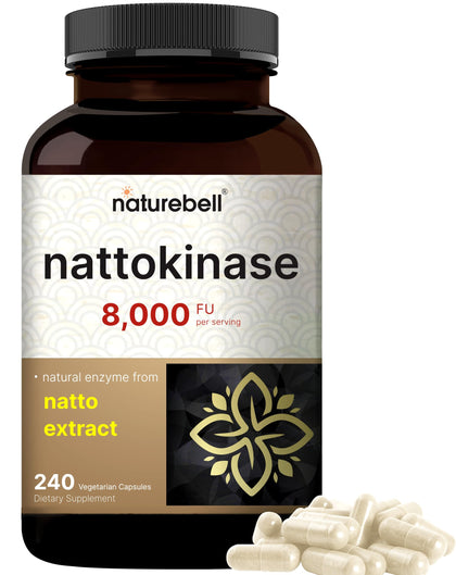 NatureBell Nattokinase Supplement 8,000 FU Per Serving, 240 Veggie Capsules | Traditional Natto Extract Source - Max Strength Enzyme & Heart Health Support - Non-GMO