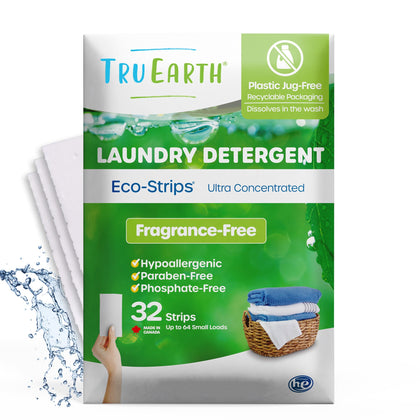 Tru Earth Compact Dry Laundry Detergent Sheets, Unscented - Up to 64 Loads (32 Sheets) - Paraben-Free - Original Eco-Strip Liquidless Laundry Detergent, Travel Laundry Sheets