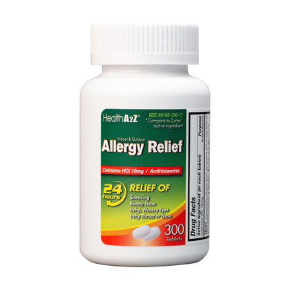 HealthA2Z® Allergy Relief | Cetirizine 10mg | All Day Allergy Relief | Indoor & Outdoor | Relief from Itchy Throat, Sneezing, Runny Noses (300 Count (Pack of 1))