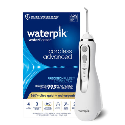 Waterpik Cordless Advanced 2.0 Water Flosser For Teeth, Gums, Braces, Dental Care With Travel Bag and 4 Tips, ADA Accepted, Rechargeable, Portable, and Waterproof, White WP-580, Packaging May Vary