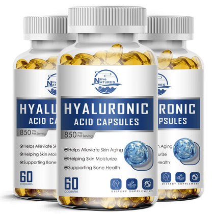 Hyaluronic Acid Supplements, 850mg High Bioavailable Dietary Hyaluronic Acid Capsules, Double Strength Skin Hydration, Joint Lubrication, 60 Capsules (Pack of 3)