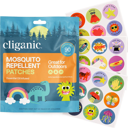 Cliganic Mosquito Repellent Stickers (90 Pack) - Positive Vibes Patches for Kids, Natural DEET-Free, Essential Oil Infused