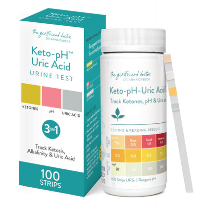 3-in-1 Ketone + pH + Uric Acid Urine Keto Test Strips (100ct) by Dr. Anna Cabeca - Comprehensive Ketosis Test Kit for Ketogenic, Low-Card, Alkaline Diet