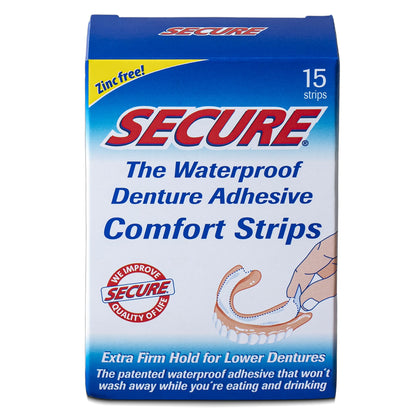 Secure Comfort Strips Waterproof Denture Adhesive - Zinc Free - Extra Firm Hold For Lower Dentures - 15 Strips