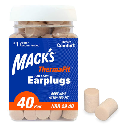 Mack’s ThermaFit Soft Foam Earplugs, 40 Pair - Comfortable Ear Plugs for Sleeping, Snoring, Work, Travel & Loud Events | Made in USA