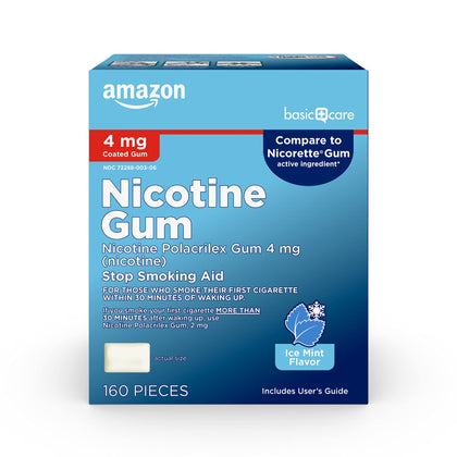 Amazon Basic Care Coated Nicotine Polacrilex Gum 4 mg, Ice Mint Flavor, Stop Smoking Aid, 160 Count