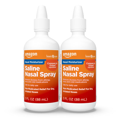 Amazon Basic Care Premium Saline Nasal Moisturizing Spray, Instantly Soothing Nasal Mist Nose Spray, Non-Medicated Relief, 3 fl oz (Pack of 2)